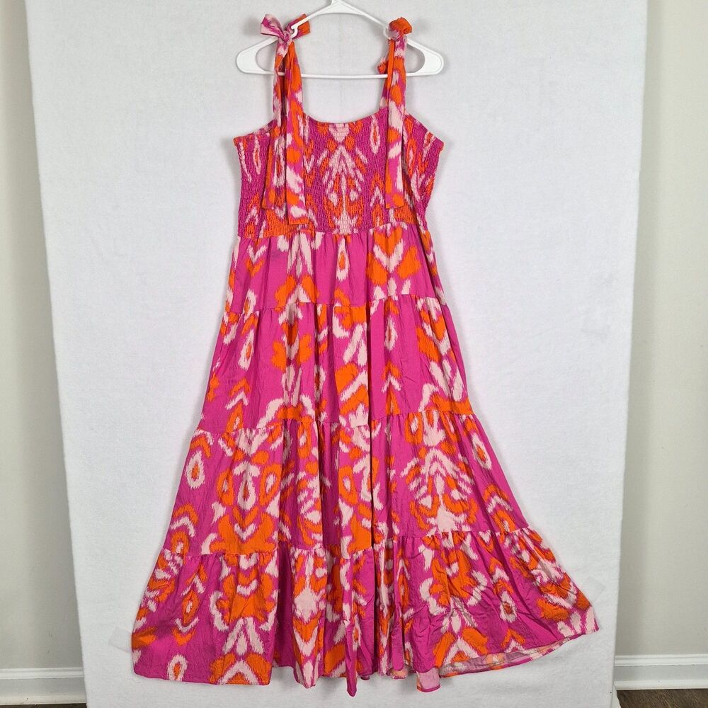 Michelle Mcdowell XL Pink Orange Sleveless Sun Maxi Tiered Dress Feminine Tropic
